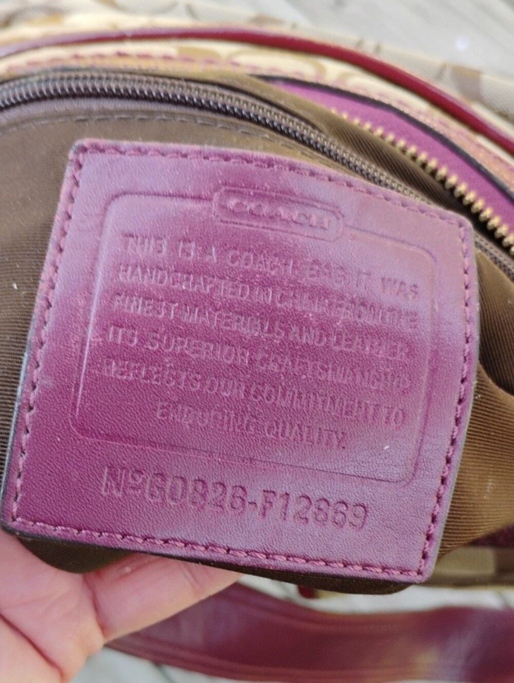 Coach Canvas Shoulder Bag with Dark Wine Red Patent Leather Trim - Picture 7 of 15